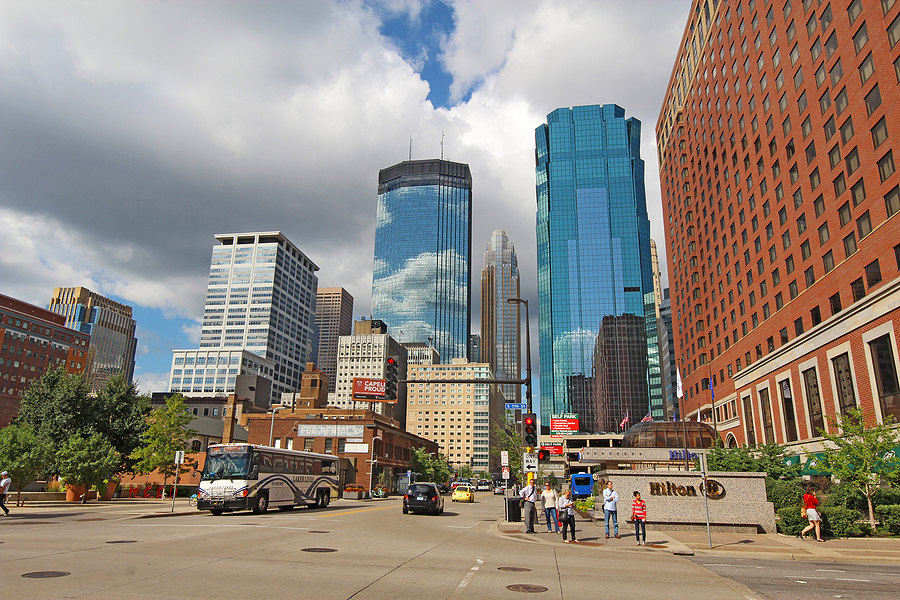 Minneapolis street with bus, cars and pedestrians